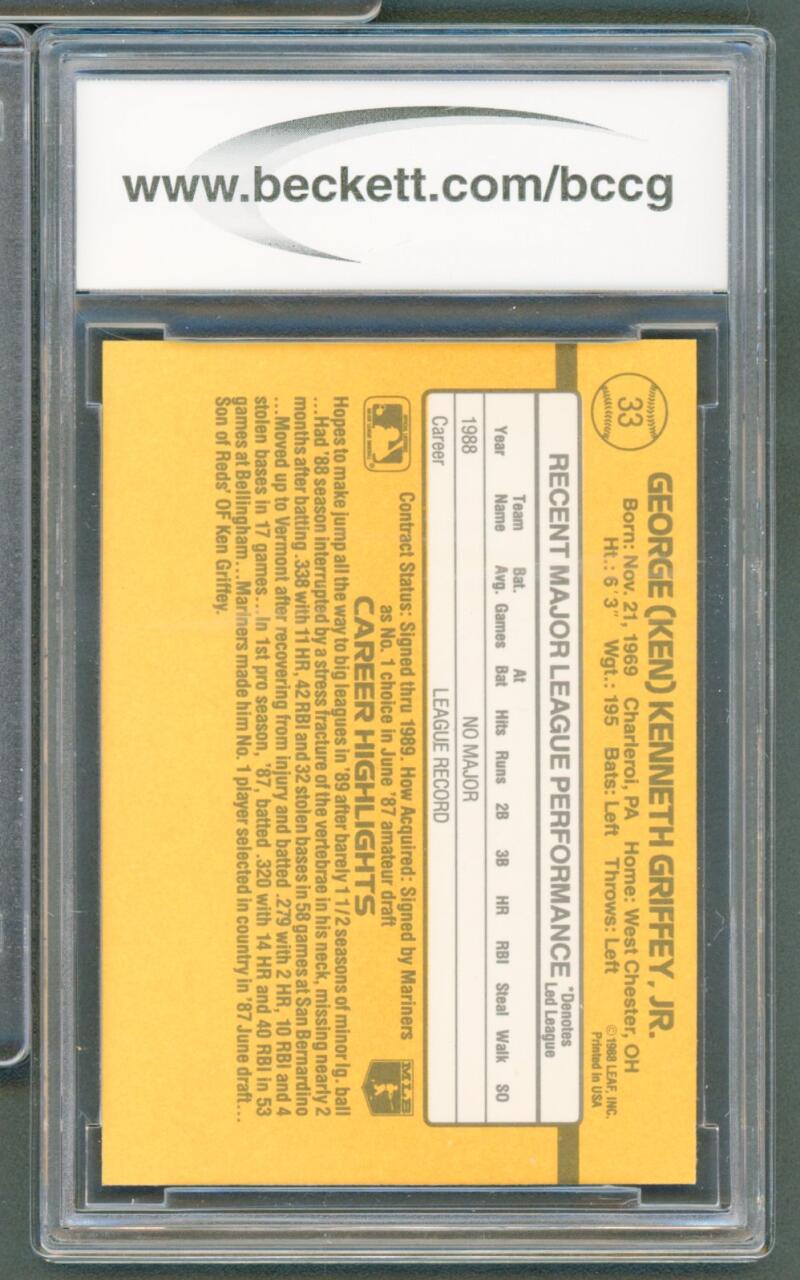 1989 Donruss #33 Ken Griffey Jr. Rookie Card BGS BCCG 10 Mint+ Image 2