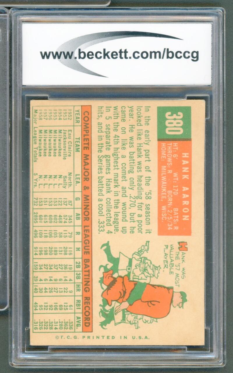 1959 Topps #380 Hank Aaron Card BGS BCCG 8 Excellent+ Image 2