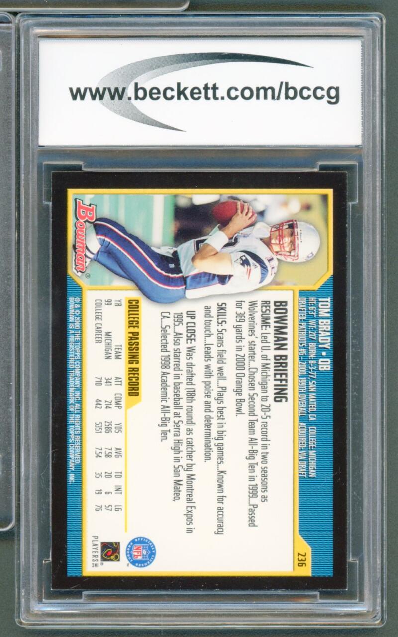 2000 Bowman #236 Tom Brady Rookie Card BGS BCCG 10 Mint+ Image 2