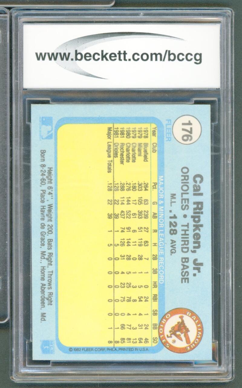 1982 Fleer #176 Cal Ripken Jr. Rookie Card BGS BCCG 10 Mint+ Image 2