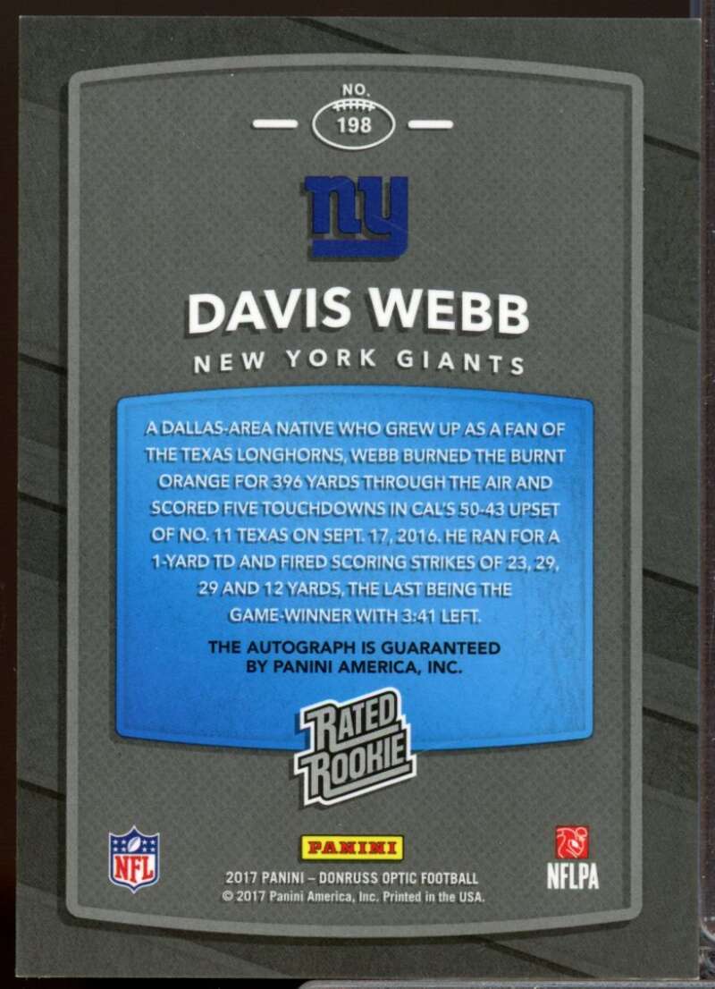 Davis Webb Card 2017 Donruss Optic Rated Rookie Autographs Bronze #198  Image 2