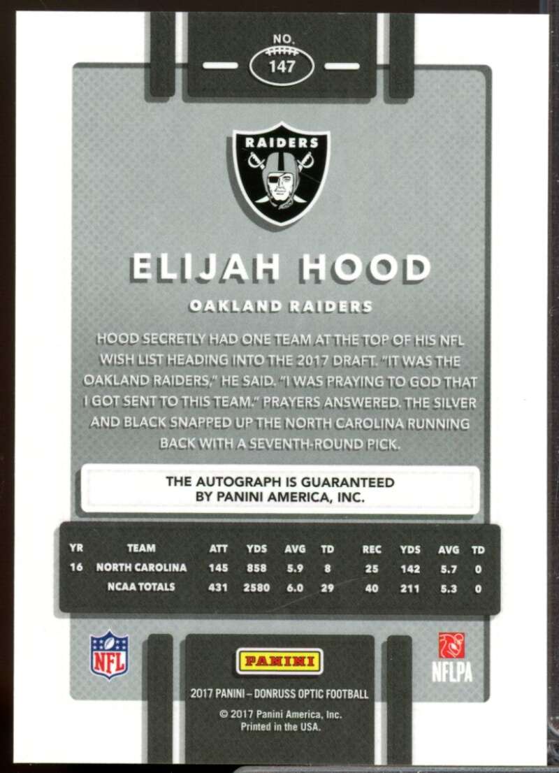 Elijah Hood Card 2017 Donruss Optic Rookie Autographs Bronze #147  Image 2