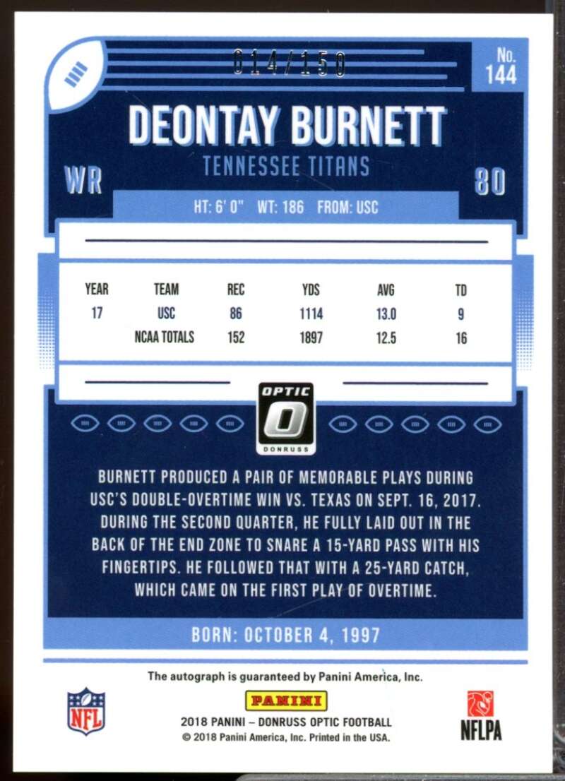 Deontay Burnett /150 Card 2018 Donruss Optic Rookie Autographs #144  Image 2