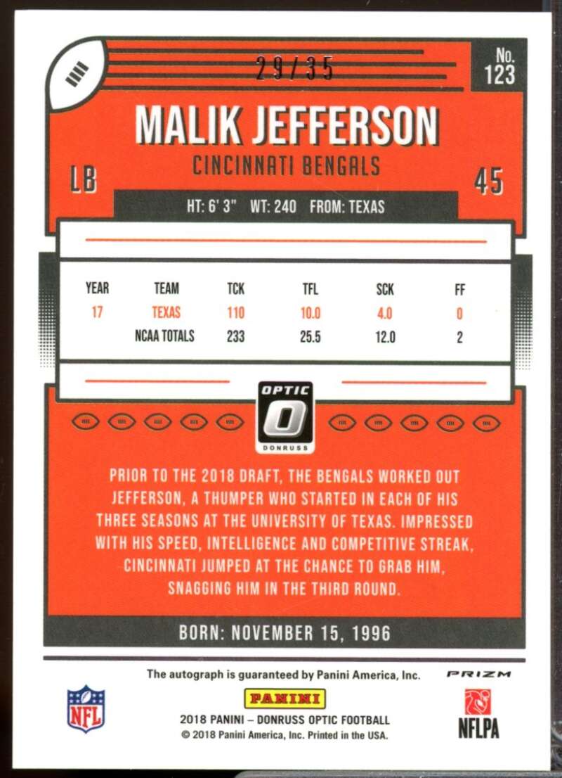 Malik Jefferson Card 2018 Donruss Optic Rookie Autographs Purple #123  Image 2