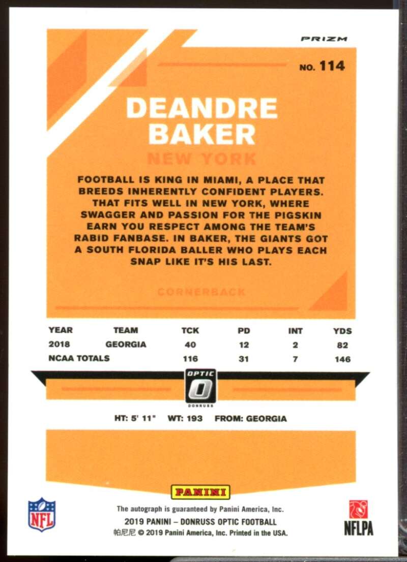 Deandre Baker Card 2019 Donruss Optic Rookies Autographs Bronze #114  Image 2