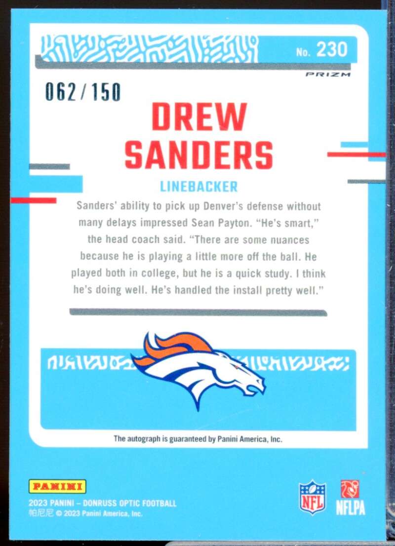 Drew Sanders Card 2023 Donruss Optic Rated Rookie Autographs Holo #230  Image 2