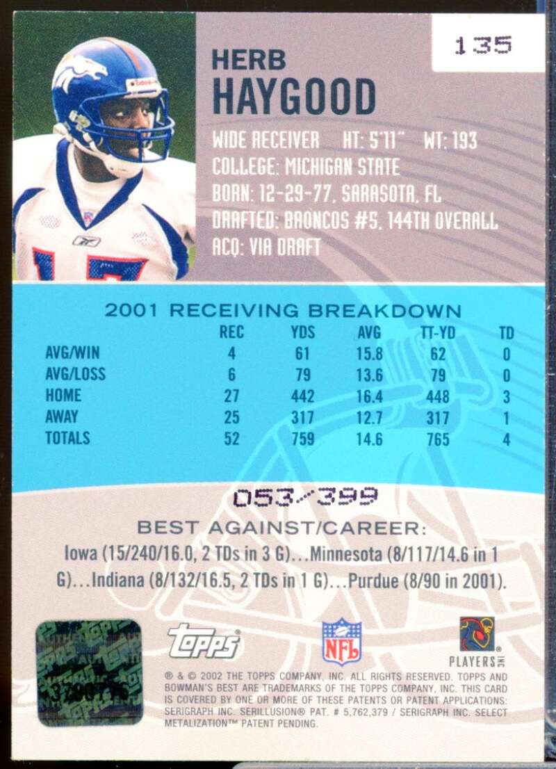Herb Haygood Card 2002 Bowman's Best Rookie Autograph Blue #135  Image 2