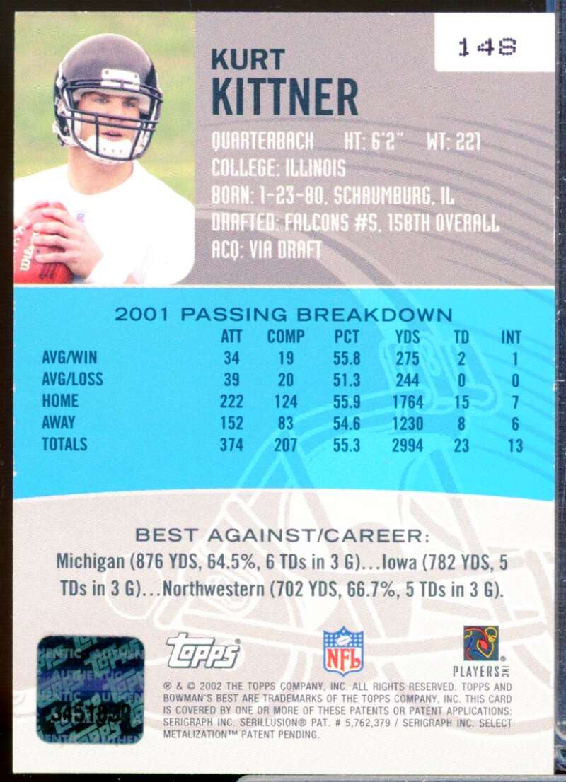 Kurt Kittner RC Card 2002 Bowman's Best Rookie Autograph #148  Image 2