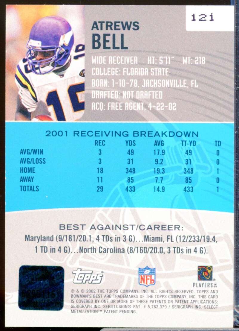 Atrews Bell RC Card 2002 Bowman's Best Rookie Autograph #121  Image 2