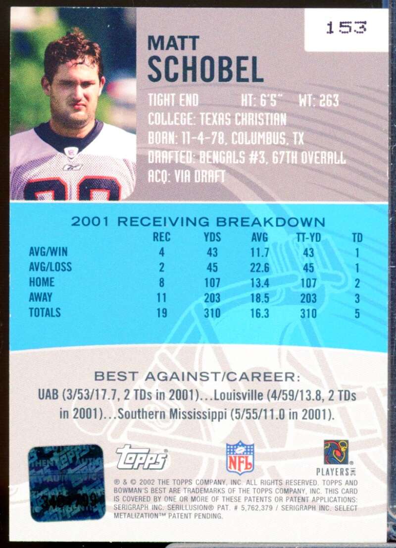 Matt Schobel RC Card 2002 Bowman's Best Rookie Autograph #153  Image 2