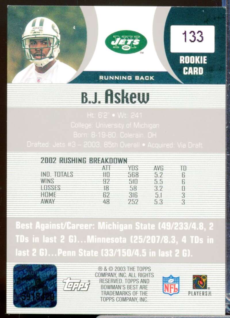 B.J. Askew RC Card 2003 Bowman's Best Rookie Autograph #133  Image 2