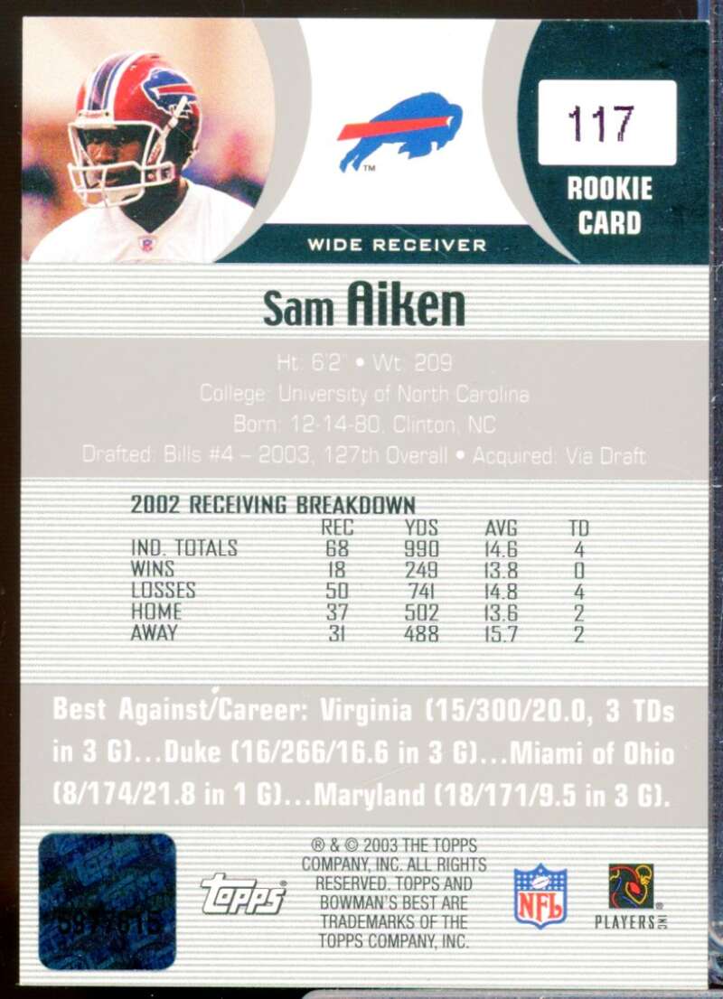 Sam Aiken RC Card 2003 Bowman's Best Rookie Autograph #117  Image 2