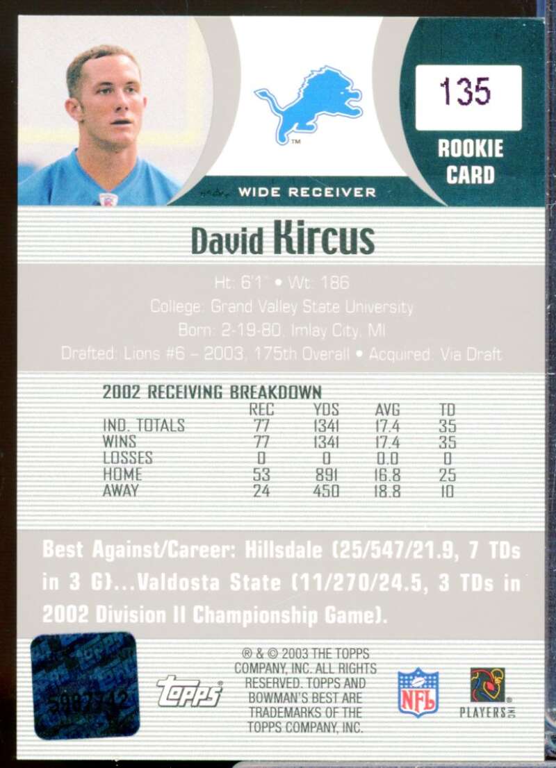 David Kircus RC Card 2003 Bowman's Best Rookie Autograph #135  Image 2