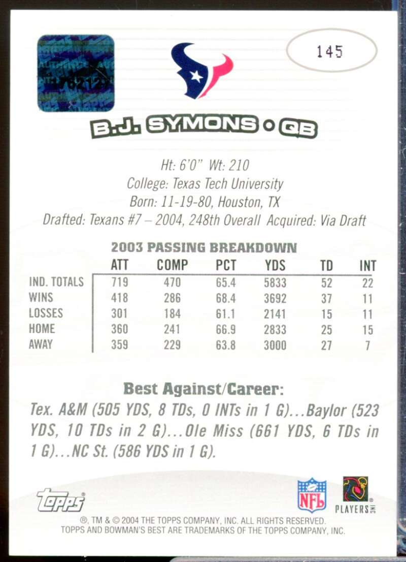 B.J. Symons RC Card 2004 Bowman's Best Rookie Autograph #145  Image 2