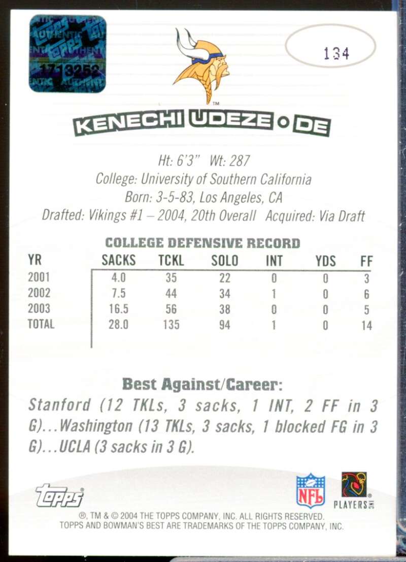 Kenechi Udeze RC Card 2004 Bowman's Best Rookie Autograph #134  Image 2