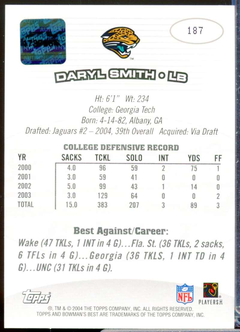 Daryl Smith RC Card 2004 Bowman's Best Rookie Autograph #187  Image 2