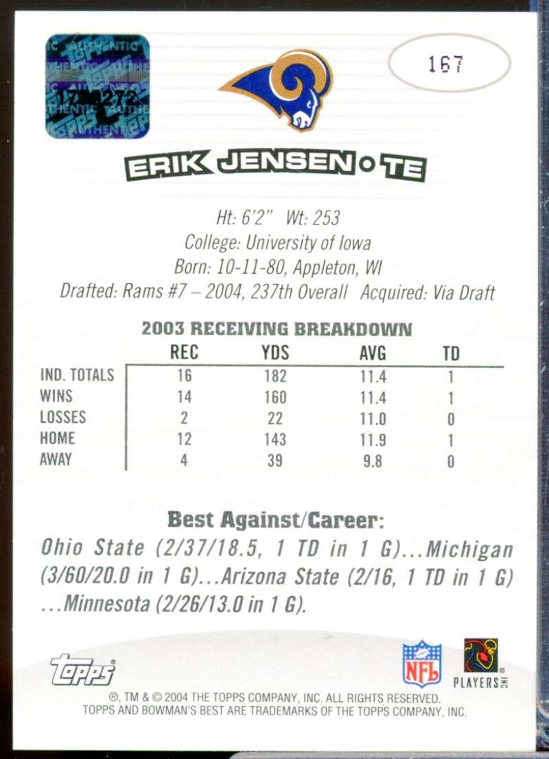 Erik Jensen RC Card 2004 Bowman's Best Rookie Autograph #167  Image 2