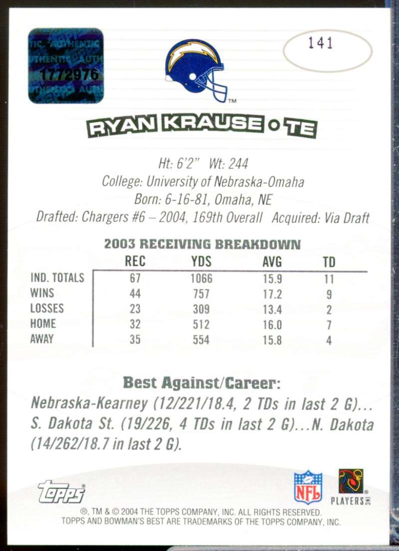 Ryan Krause RC Card 2004 Bowman's Best Rookie Autograph #141  Image 2