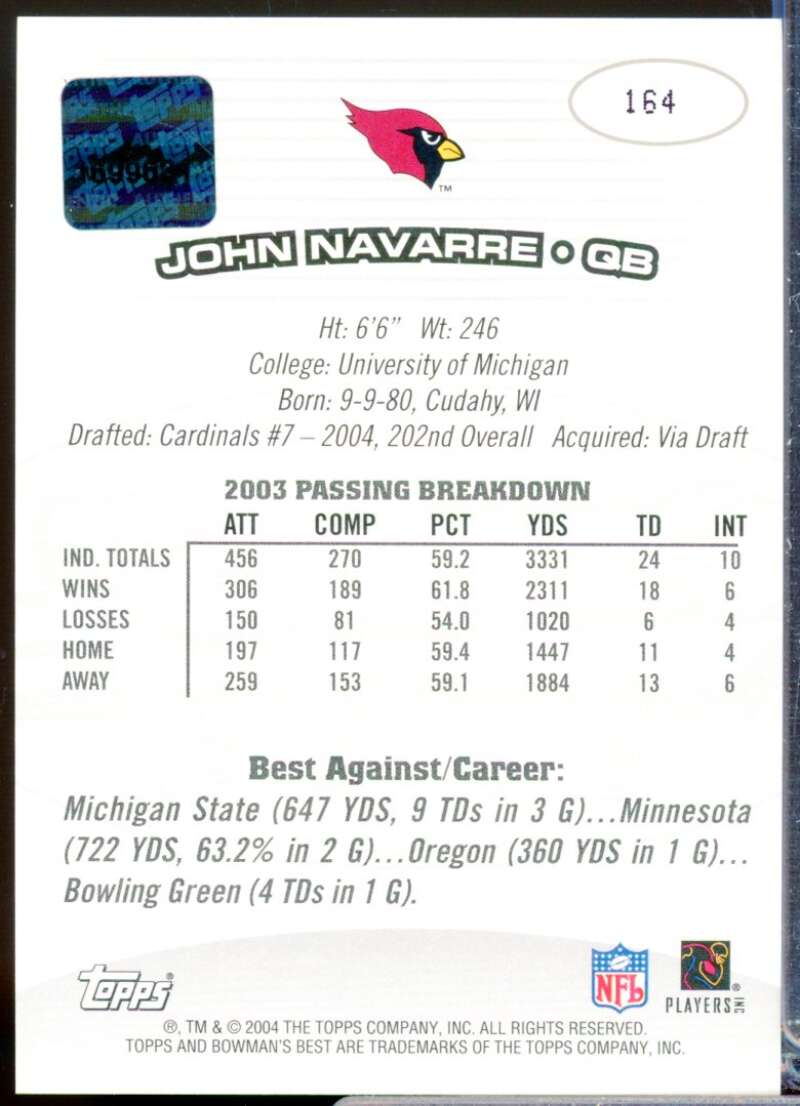 John Navarre RC Card 2004 Bowman's Best Rookie Autograph #164  Image 2