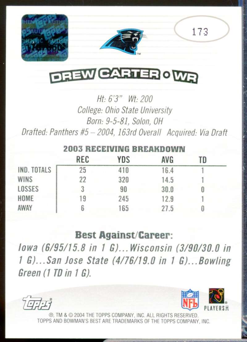 Drew Carter RC Card 2004 Bowman's Best Rookie Autograph #173  Image 2
