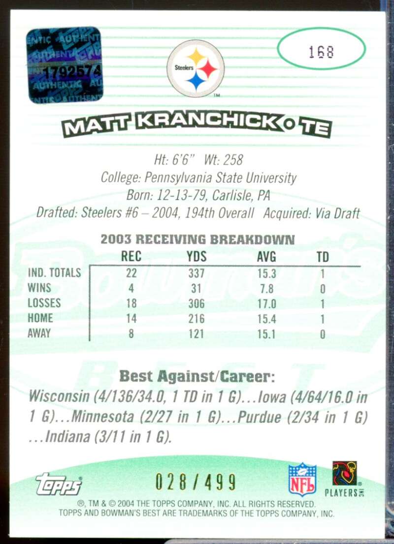 Matt Kranchick RC Card 2004 Bowman's Best Rookie Autograph Green #168  Image 2