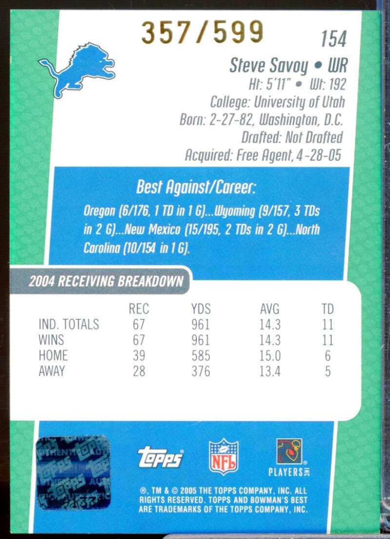 Steve Savoy RC Card 2005 Bowman's Best Rookie Autograph Green #154  Image 2