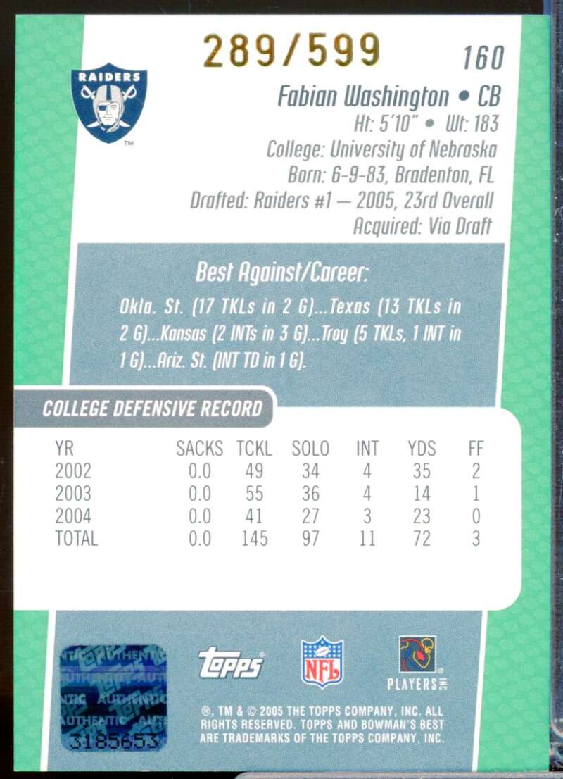 Fabian Washington RC Card 2005 Bowman's Best Rookie Autograph Green #160  Image 2