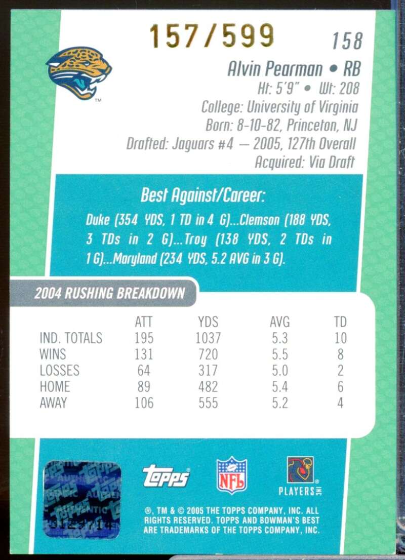 Alvin Pearman RC Card 2005 Bowman's Best Rookie Autograph Green #158  Image 2