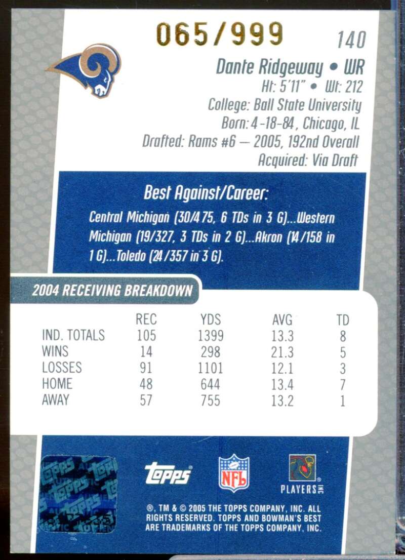 Dante Ridgeway RC Card 2005 Bowman's Best Rookie Autograph #140  Image 2