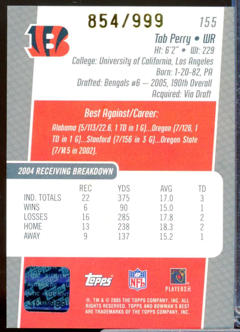 Tab Perry RC Card 2005 Bowman's Best Rookie Autograph #155  Image 2
