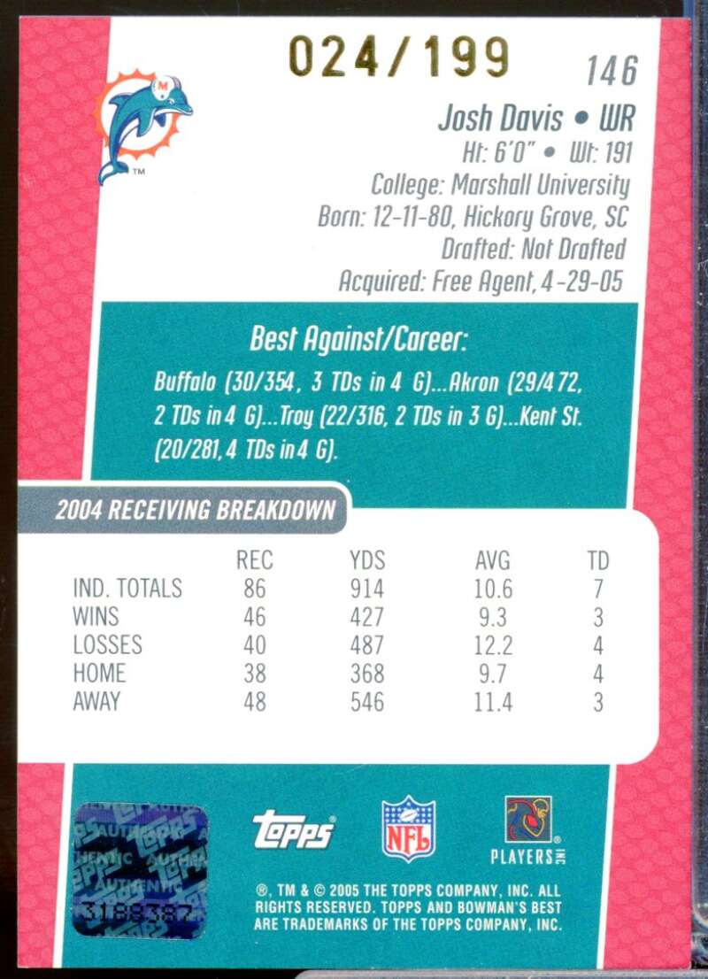 Josh Davis RC Card 2005 Bowman's Best Rookie Autograph Red #146  Image 2