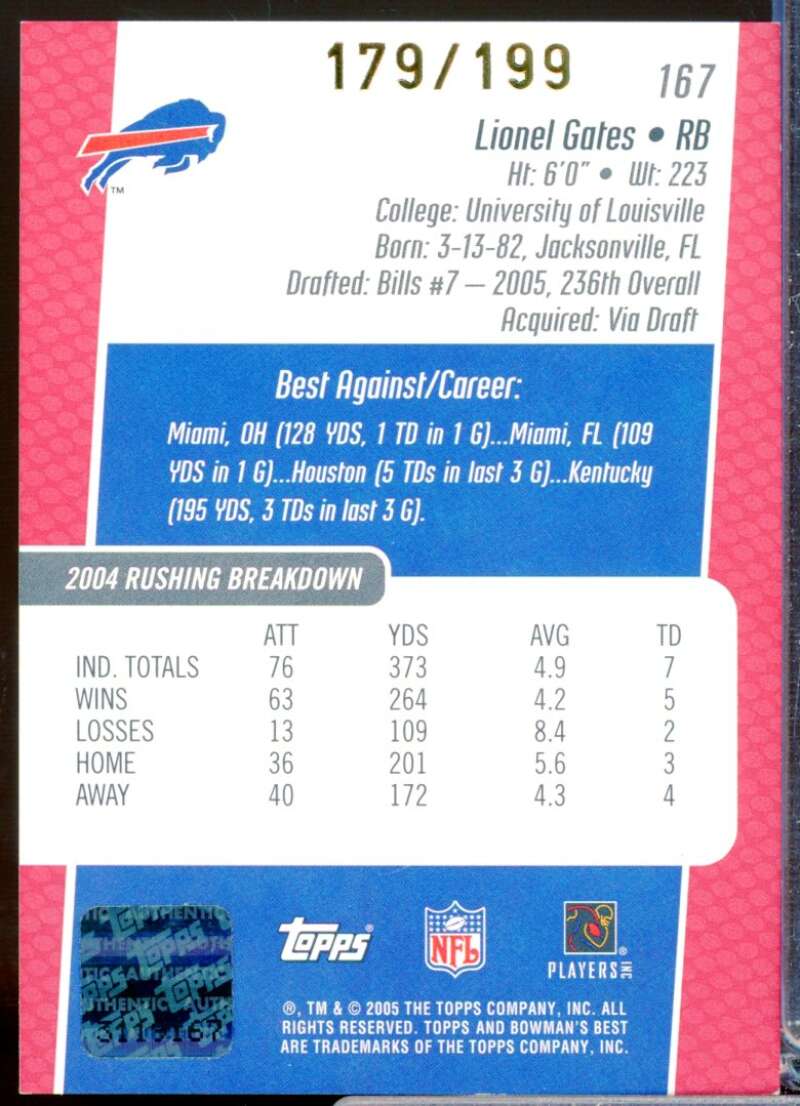 Lionel Gates RC Card 2005 Bowman's Best Rookie Autograph Red #167  Image 2