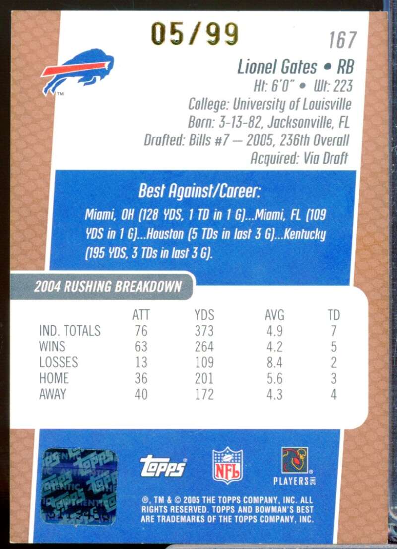 Lionel Gates RC Card 2005 Bowman's Best Rookie Autograph Bronze #167  Image 2