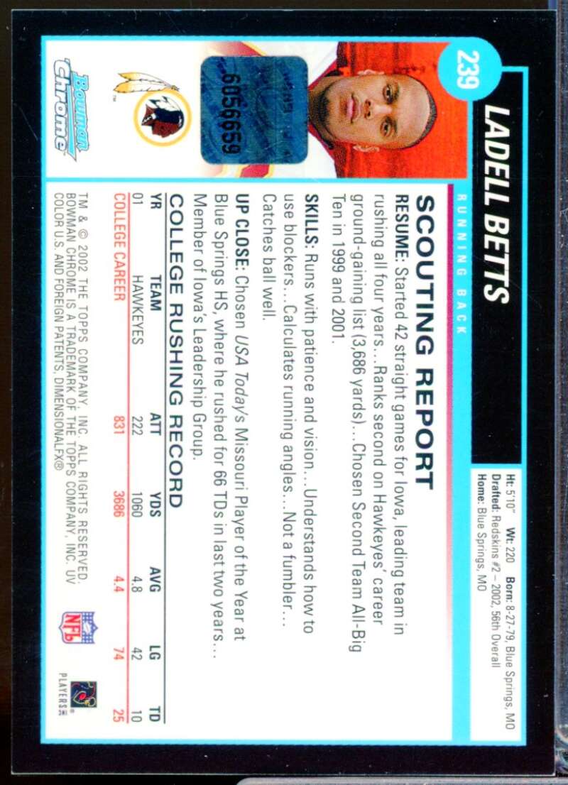 Ladell Betts RC Card 2002 Bowman Chrome Rookie Autograph #239  Image 2