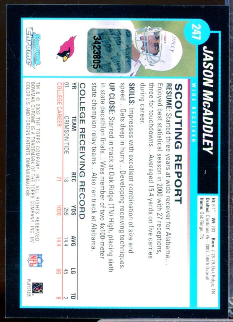 Jason McAddley RC Card 2002 Bowman Chrome Rookie Autograph #247  Image 2