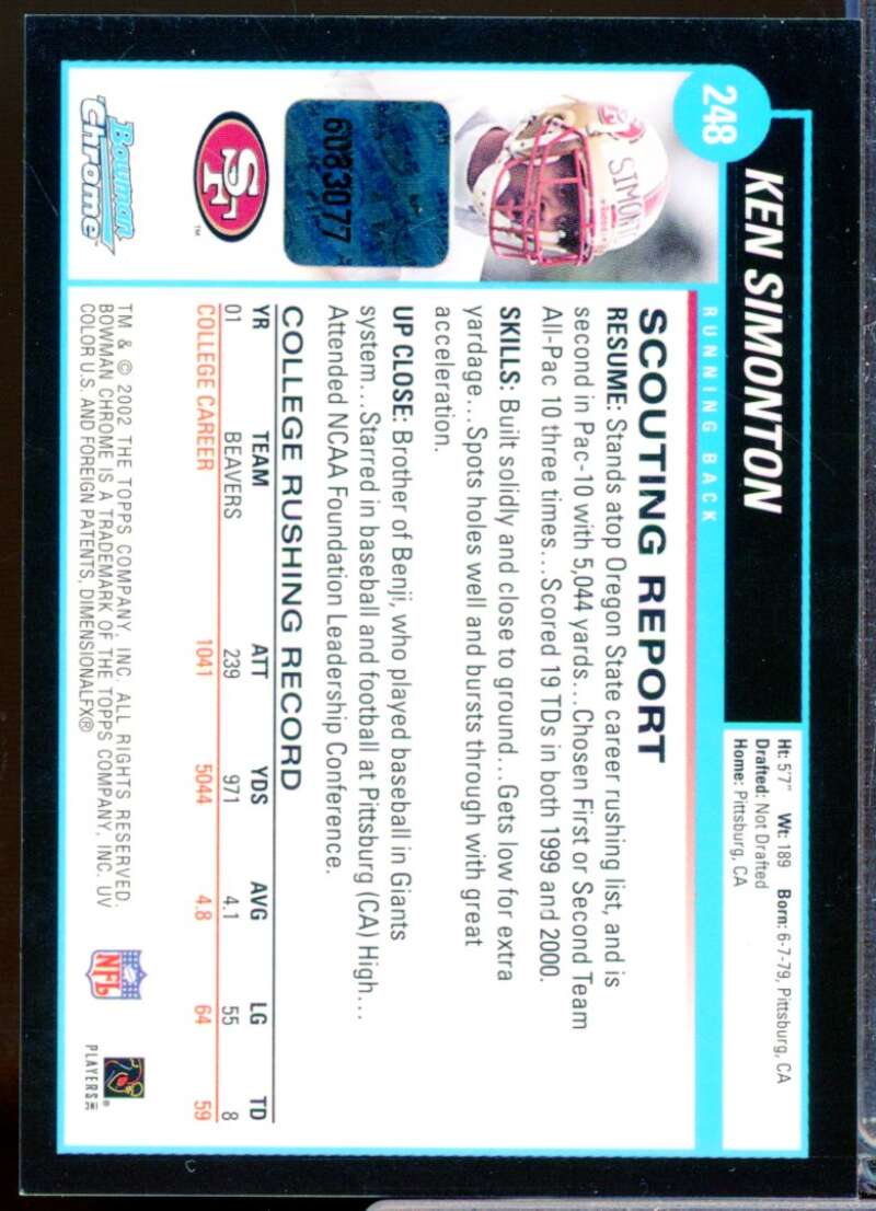 Ken Simonton RC Card 2002 Bowman Chrome Rookie Autograph #248  Image 2