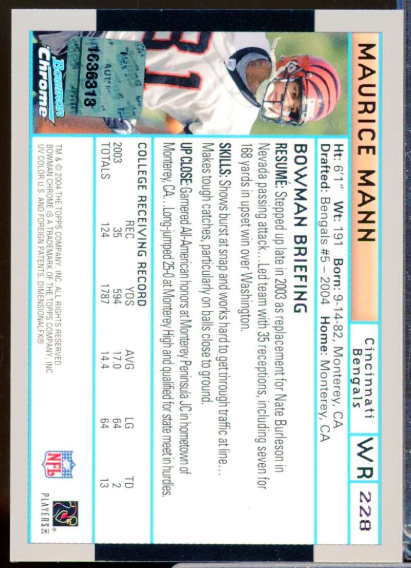 Maurice Mann RC Card 2004 Bowman Chrome Rookie Autograph #228  Image 2