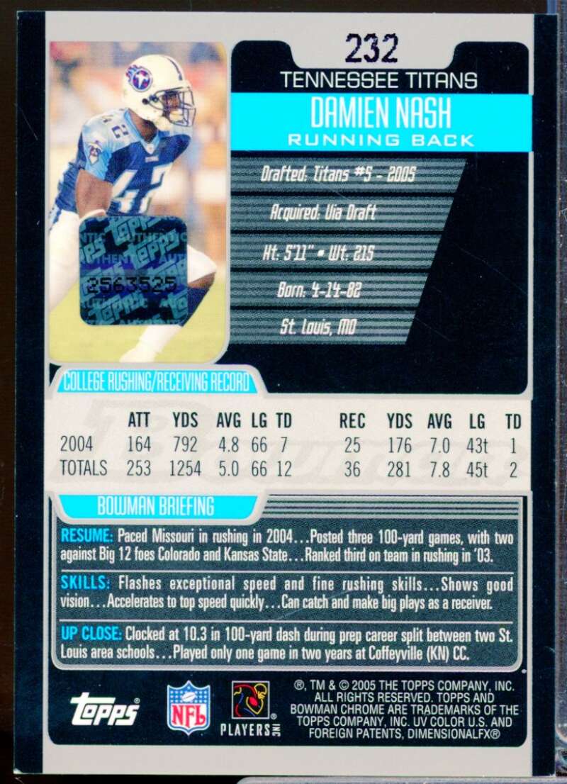 Damien Nash RC Card 2005 Bowman Chrome Rookie Autograph #232  Image 2