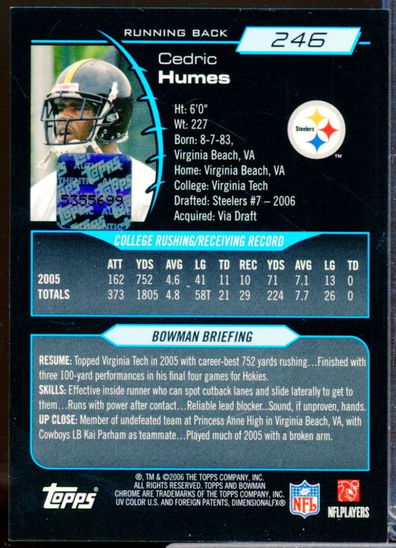 Cedric Humes Card 2006 Bowman Chrome Rookie Autographs #246  Image 2