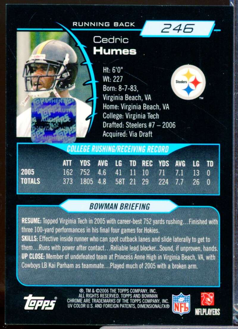 Cedric Humes Card 2006 Bowman Chrome Rookie Autographs #246  Image 2