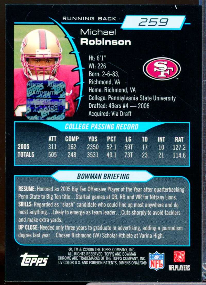 Michael Robinson Card 2006 Bowman Chrome Rookie Autographs #259  Image 2