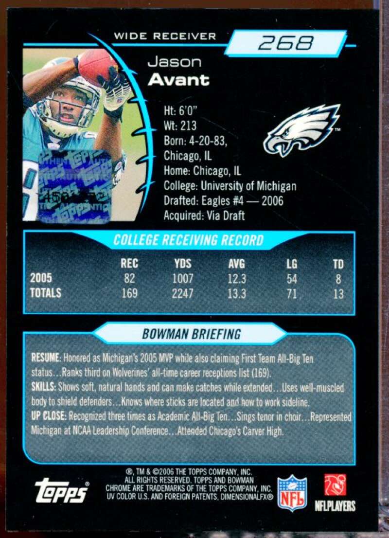 Jason Avant Card 2006 Bowman Chrome Rookie Autographs #268  Image 2