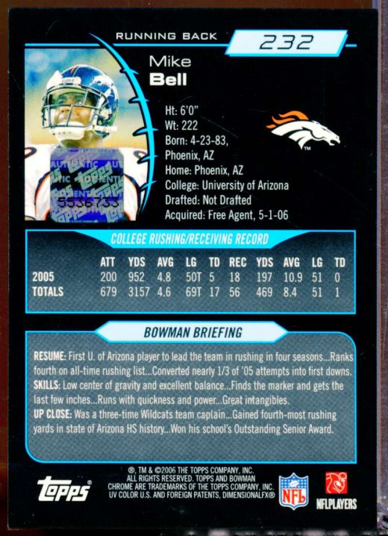 Mike Bell Card 2006 Bowman Chrome Rookie Autographs #232  Image 2