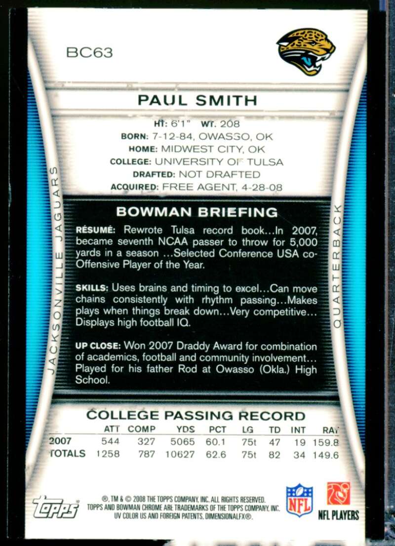 Paul Smith Card 2008 Bowman Chrome Rookie Autographs #BC63  Image 2