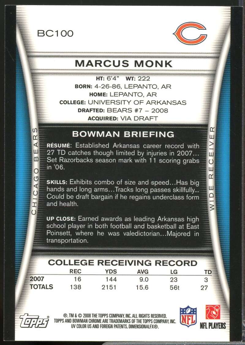 Marcus Monk Card 2008 Bowman Chrome Rookie Autographs #BC100  Image 2