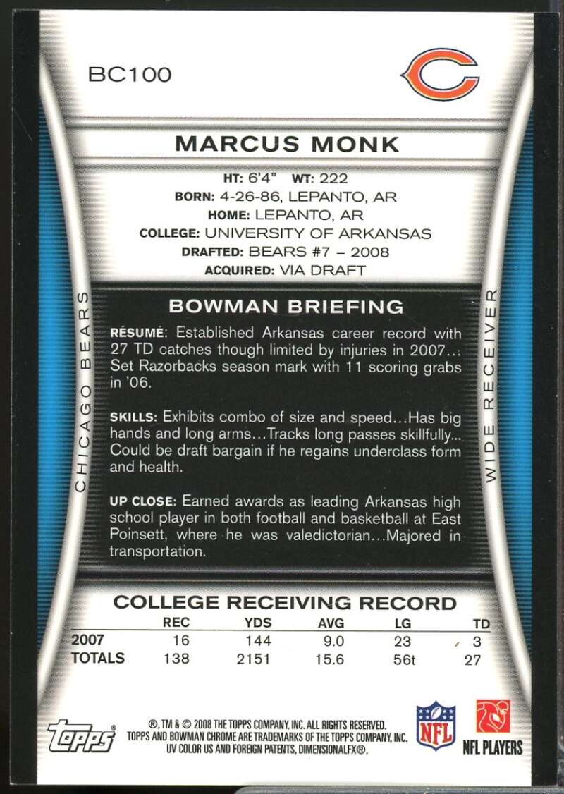 Marcus Monk Card 2008 Bowman Chrome Rookie Autographs #BC100  Image 2