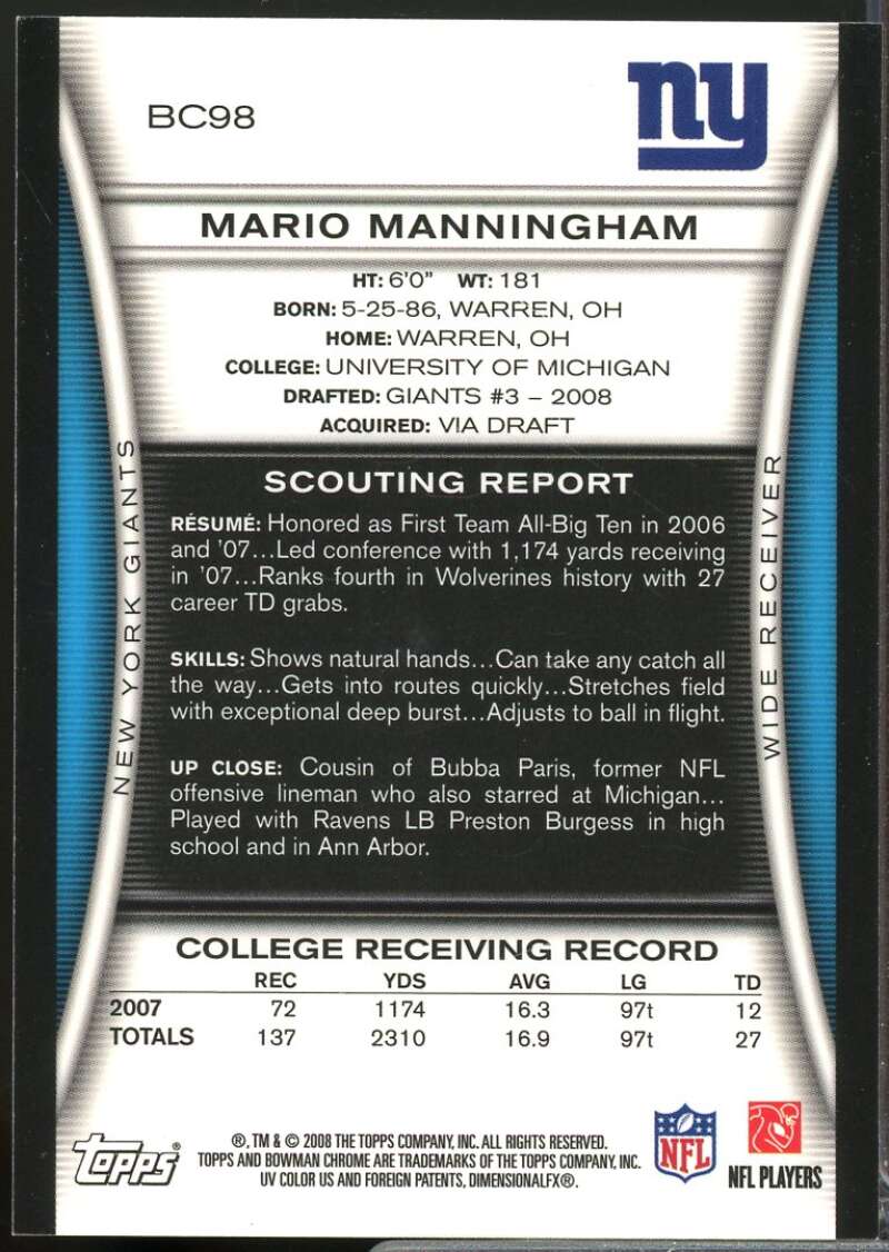 Mario Manningham Card 2008 Bowman Chrome Rookie Autographs #BC98  Image 2