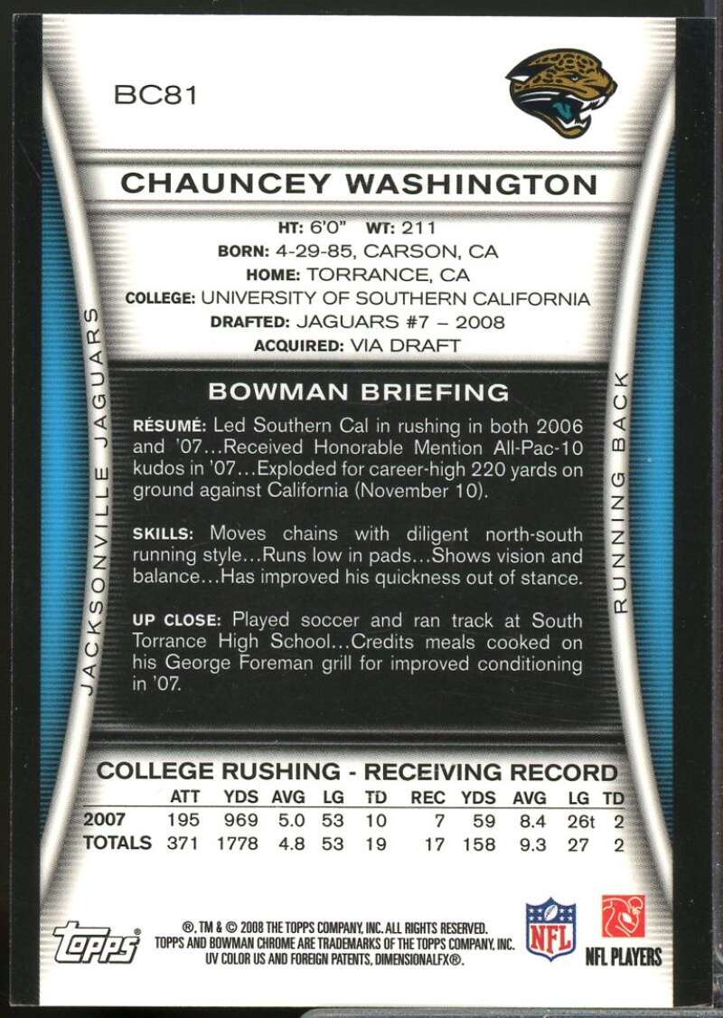 Chauncey Washington Card 2008 Bowman Chrome Rookie Autographs #BC81  Image 2