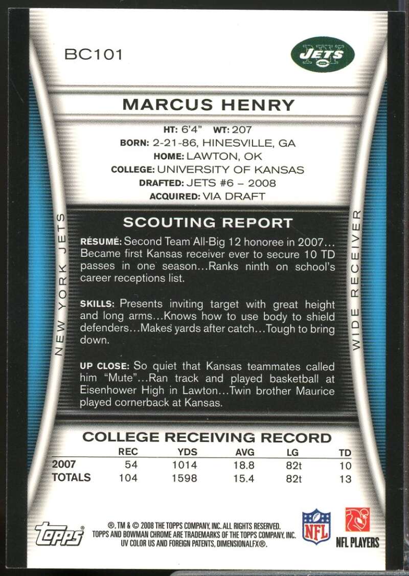Marcus Henry Card 2008 Bowman Chrome Rookie Autographs #BC101  Image 2