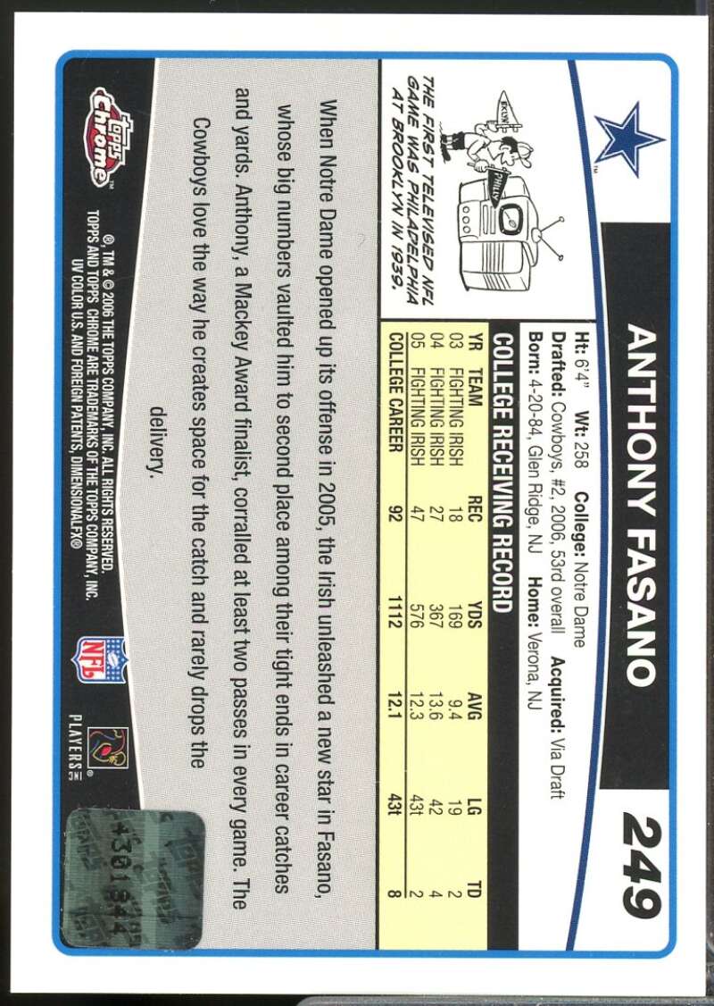 Anthony Fasano Card 2006 Topps Chrome Rookie Autographs #249  Image 2